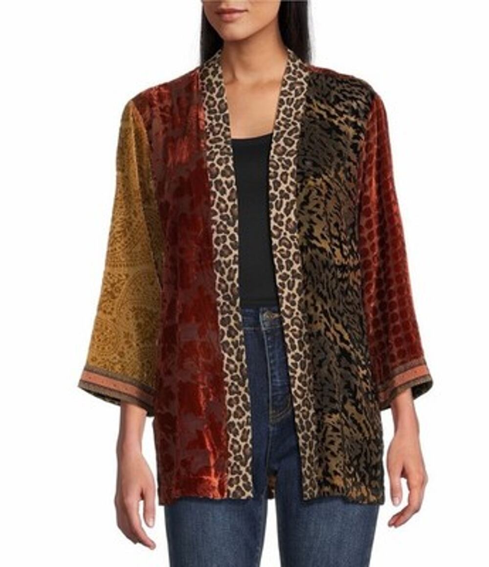 John Mark Mix Burnout Rhinestone Detail Open Front 3/4 Sleeve Kimono